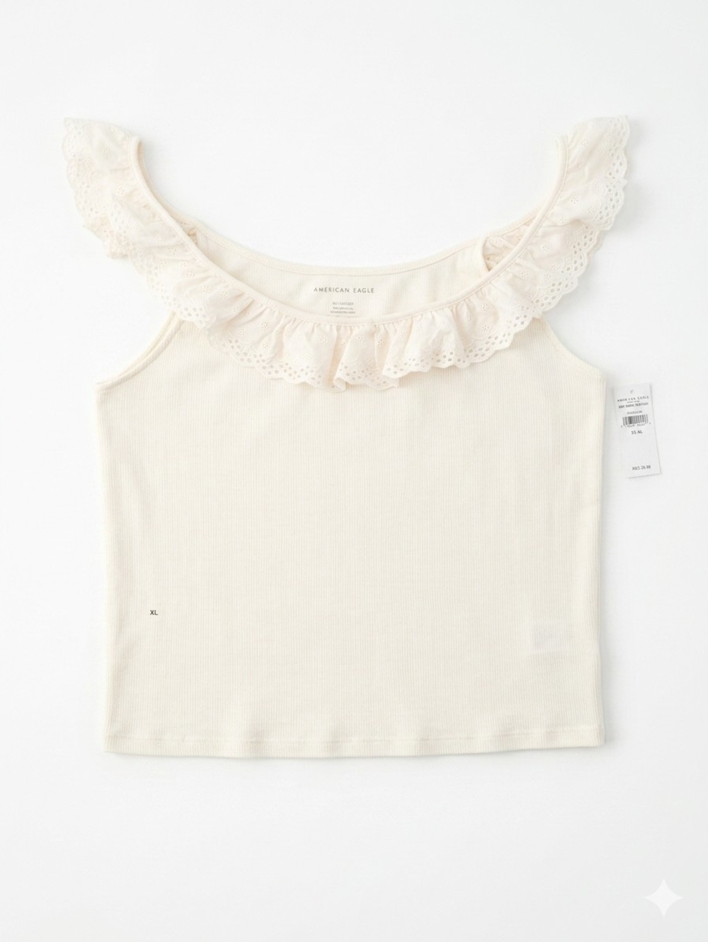 American Eagle Eyelet Ruffle Tank Top NWT Cream Ribbed Off Shoulder Knit XL